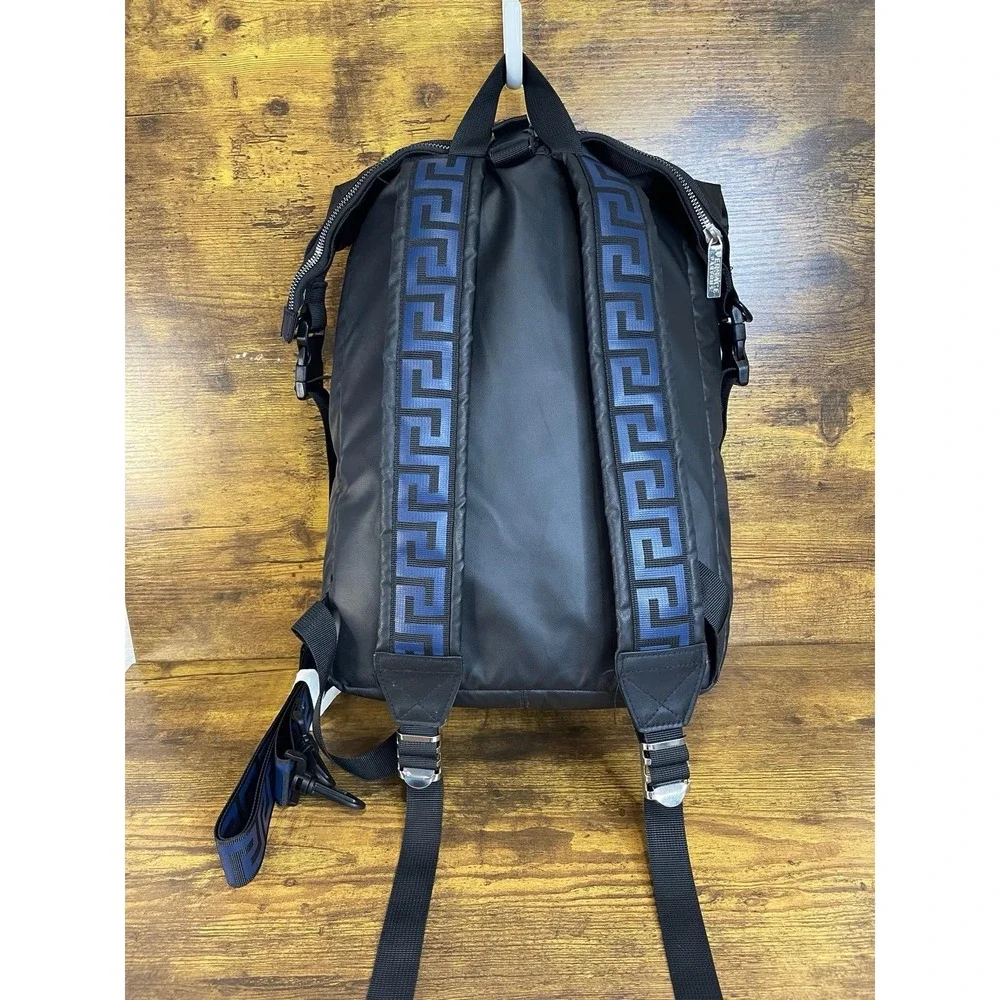 Versace Parfums Black‎ Blue Nylon Roll-Top Backpack Greek Key Straps Promotional